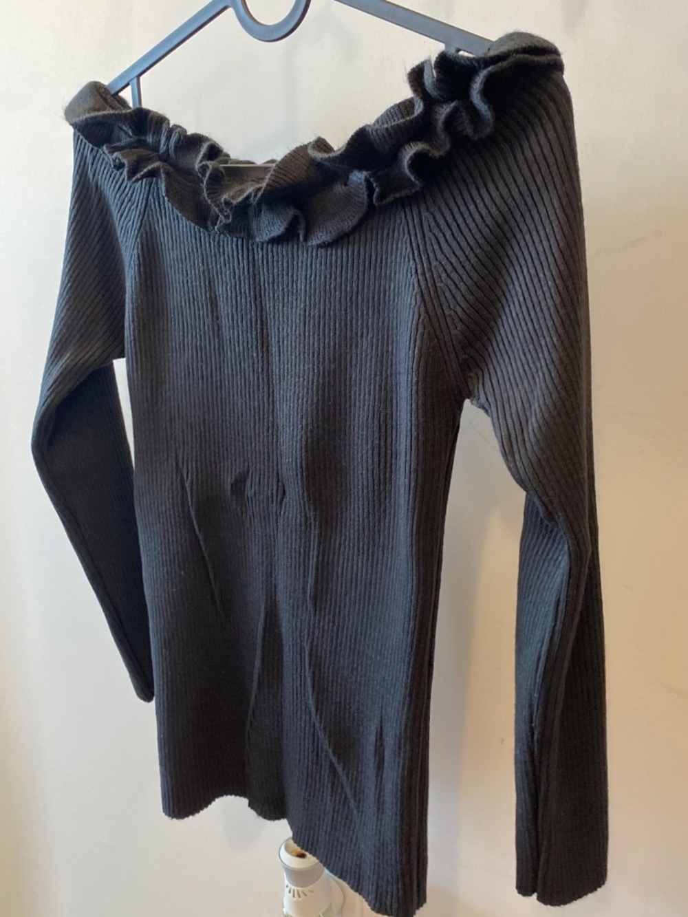Black Ribbed Off Shoulder Ruffle Long Sleeve Top - Picture 3 of 4